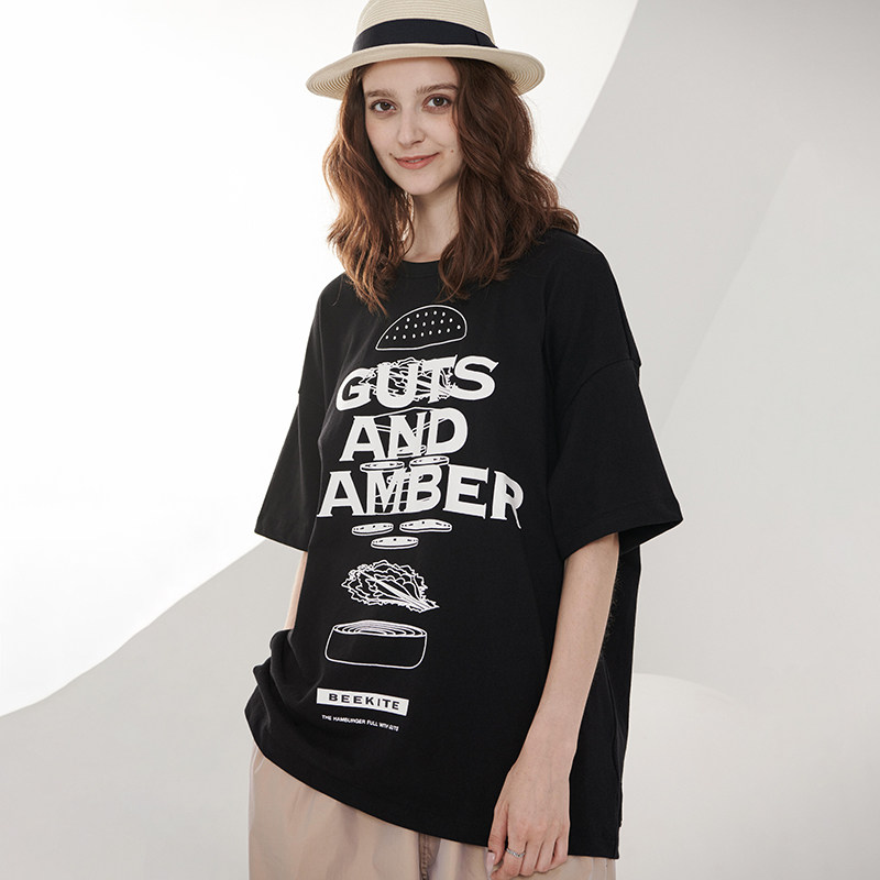 BEEKITE original designer deconstructed hamburger short-sleeved T-shirt Japanese printing loose round neck tee heavy cotton