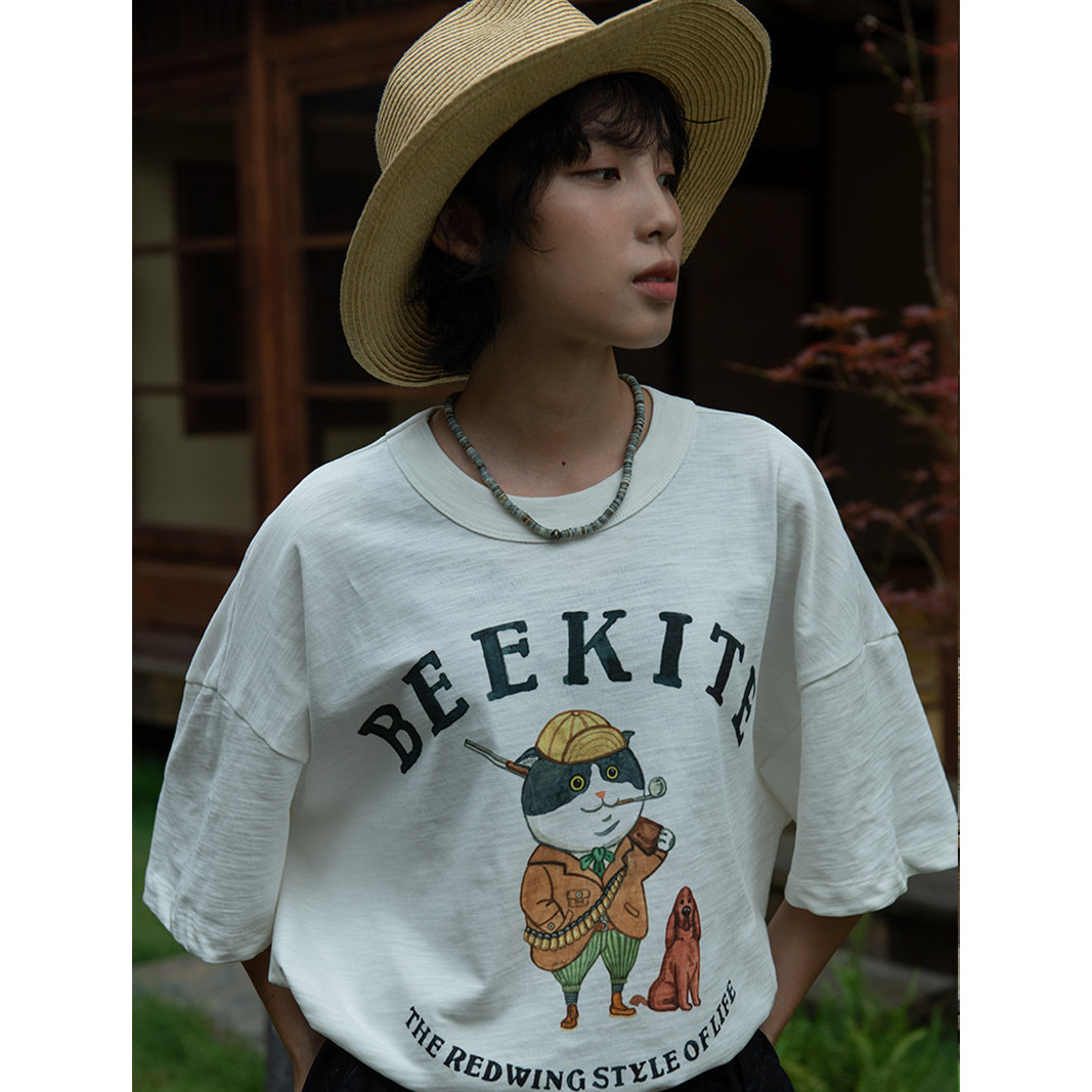 BEEKITE co-branded XILL heavy bamboo cotton hunter cat print T-shirt Japanese retro loose and comfortable American