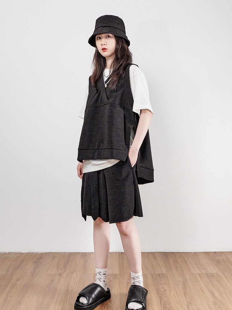 BEEKITE silhouette pleated texture robe vest vest loose sleeveless vest waistcoat summer retro all-match