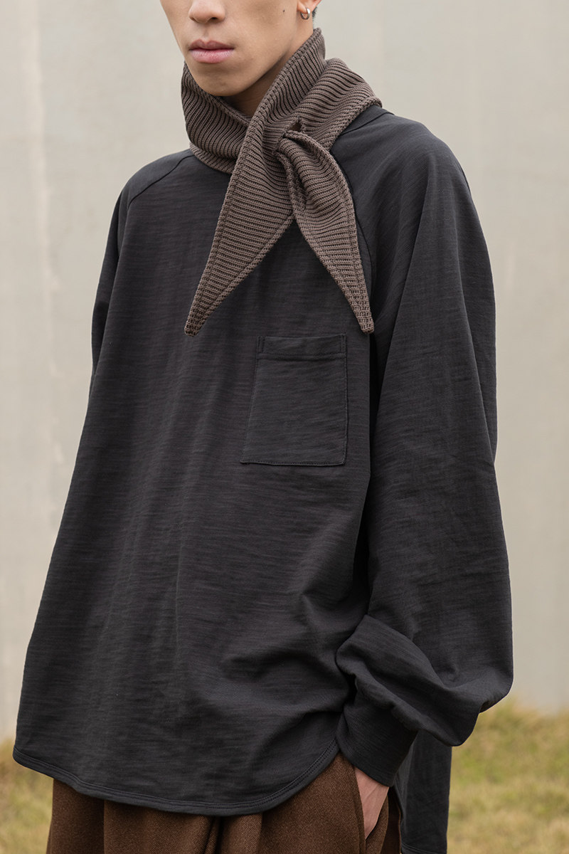 BEEKITE slub cotton profile arc hem long sleeve TEE front short back long raglan sleeves heavy retro and comfortable