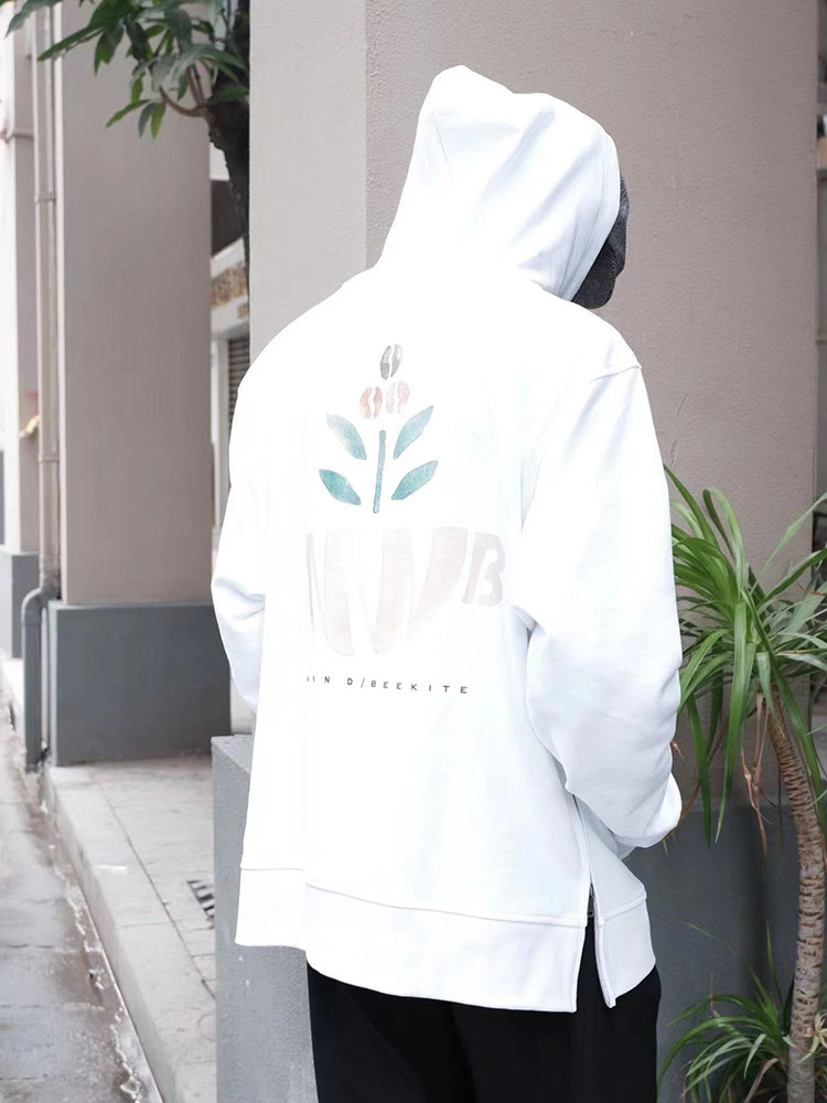 BEEKITE co-branded ANNND back white coffee cup print hooded sweatshirt heavy side zipper pullover