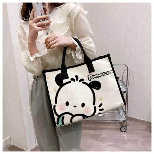 Sanrio Pacha Dog Shoulder Bag, Versatile, Large Capacity, Class Commuting Portable Canvas Bag, Tote Bag, Casual and Simple