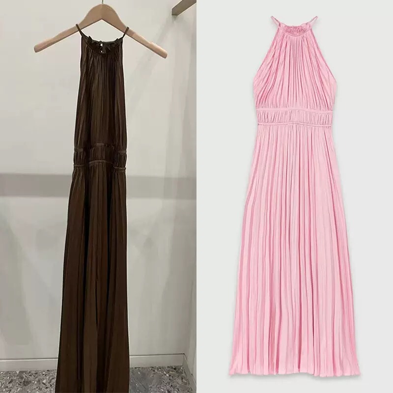 26 Spring and Summer New Style Mj French Fashion Halter-Style High-Waist Pleated Skirt Sleeveless Ruffled Mid-Length Dress in 2 Colors