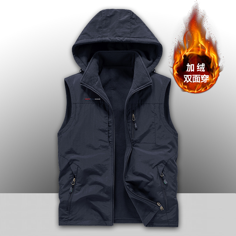 Reversible Fleece-Lined Multi-Pocket Vest Men's Jacket Casual Wear-Resistant Hooded Sleeveless Mountain-Style Fishing Vest