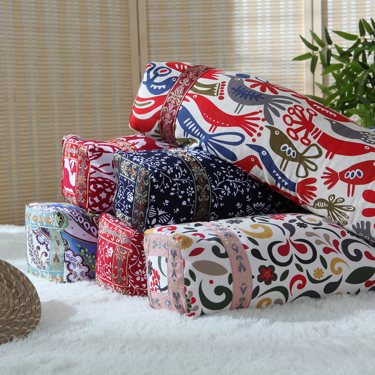 China Wind Palace Tinted Pillow All-cotton Canvas Pillow Imitation Ancient Square Row Pillow Core Pure Buckwheat Leather Pillow Protection Cervical Spine Traction Pillow