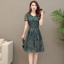 Medium-aged womens dress with long style dress plus fattening overweight middle-aged moms loaded with knee-skirt foreign air short sleeve summer dress