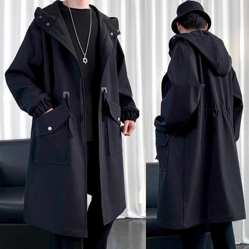 Windbreaker for Men, Spring and Autumn Mid-Length, Winter Style, Fleece-Lined Jacket, Large Size, Casual Hooded Loose Coat