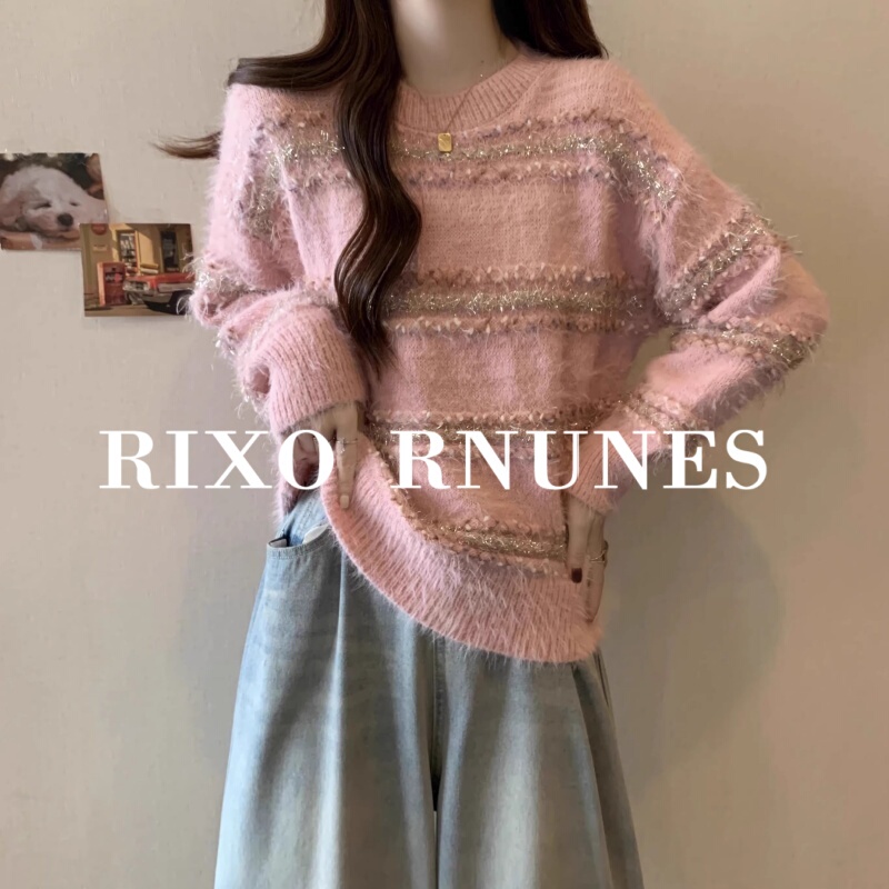 Rixo Rnunes French-Style Autumn and Winter Niche Shiny Striped Knit Sweater for Women, Elegant Mink Velvet Top Rixo Rnunes French-Style Autumn and Winter Niche Shiny Striped Knit Sweater for Women, Elegant Mink Velvet Top