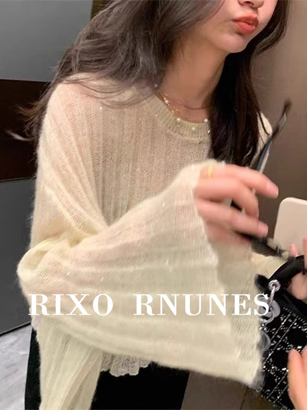 Rixo Rnunes French Niche Style Bell-Sleeve Thin Knitwear, Gentle Style, Off-White Mohair Knitwear for Women