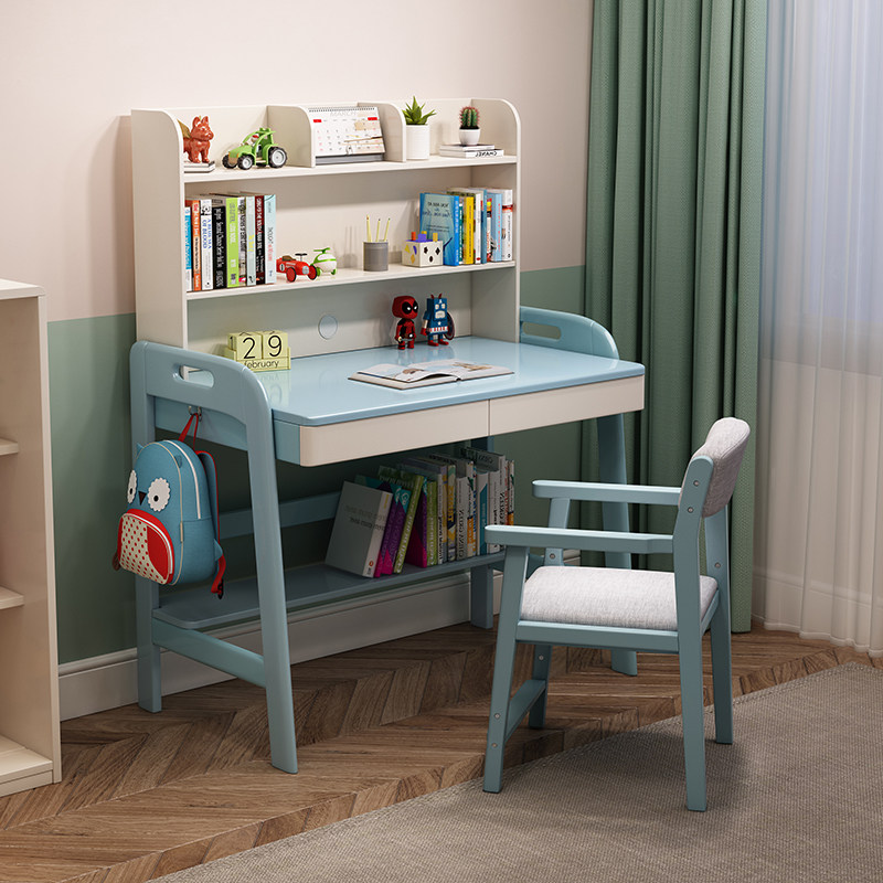 Liftable children's solid wood desk bookshelf combination 70 simple student desk 90 small apartment 80cm learning writing desk