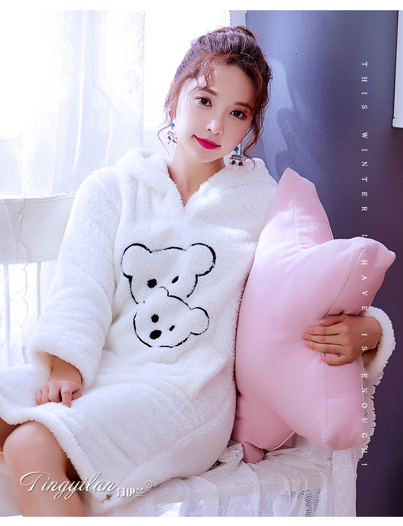 Bộ đồ ngủ phụ nữ dày flannel san hô nhung mùa thu mùa đông dịch vụ nhà nữ mùa xuân và mùa thu sinh viên dễ thương phim hoạt hình dài tay váy lanh mặc hè