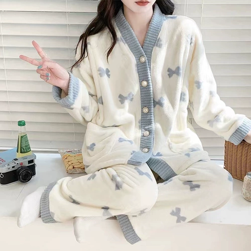 Пижама, фланелевый демисезонный лонгслив, нарукавники, комплект, коралловая бархатная милая домашняя одежда, кардиган, увеличенная толщина, в корейском стиле, большой размер