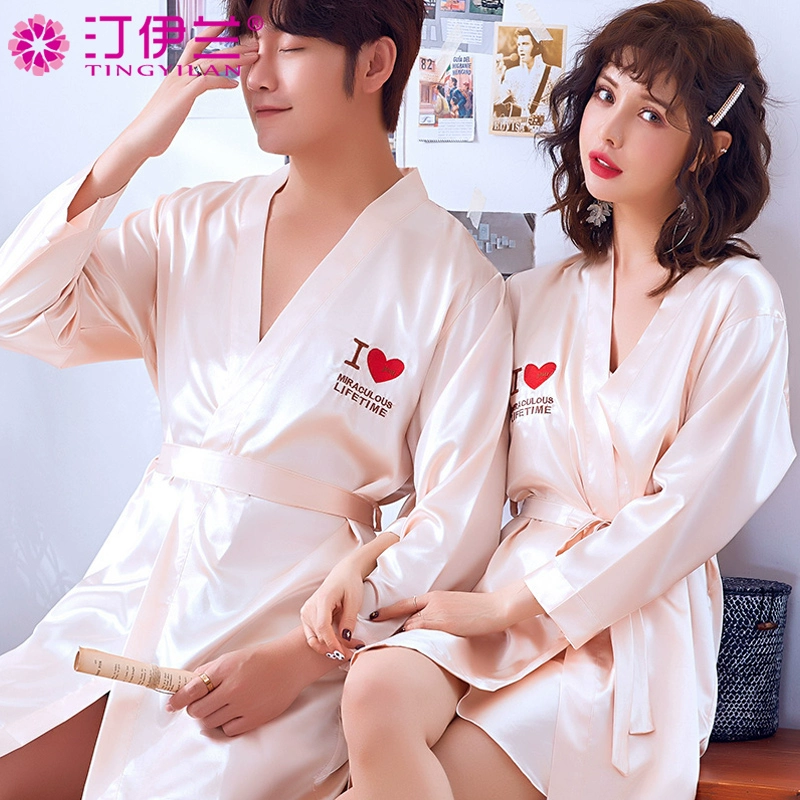 Bộ đồ ngủ mùa hè áo choàng tắm mỏng kimono lụa dài mùa xuân và mùa thu hai mảnh áo choàng yukata cộng với kích thước lụa băng - Night Robe