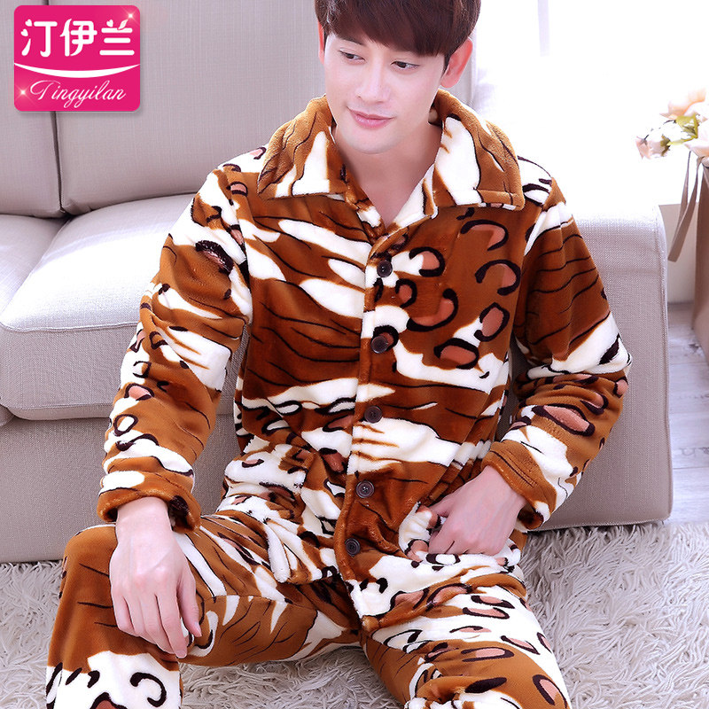 Men's Pajamas Thick Flannel Long-sleeved Casual Cardigan Coral Fleece Men's Tiger Pattern Suit Home Service Autumn and Winter