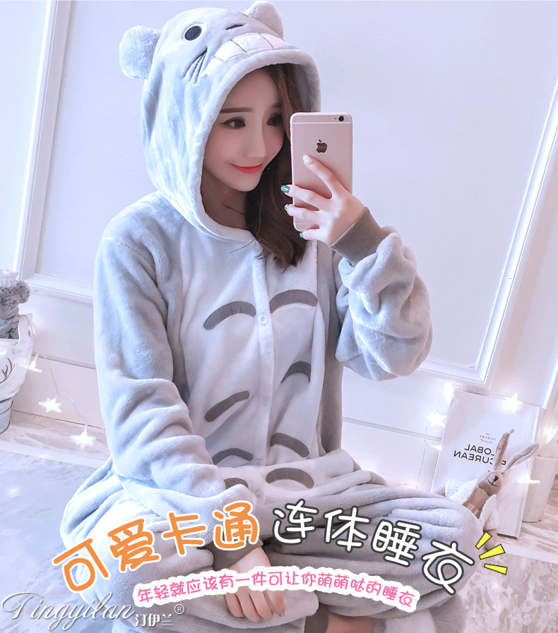 Bộ đồ ngủ Chinchilla Nữ Phim hoạt hình Xiêm Set Dịch vụ tại nhà Mùa thu dài tay Mùa thu và mùa đông dày Flannel Coral Lông cừu Dễ thương - Bộ Pajama đồ bộ pijama nữ lụa