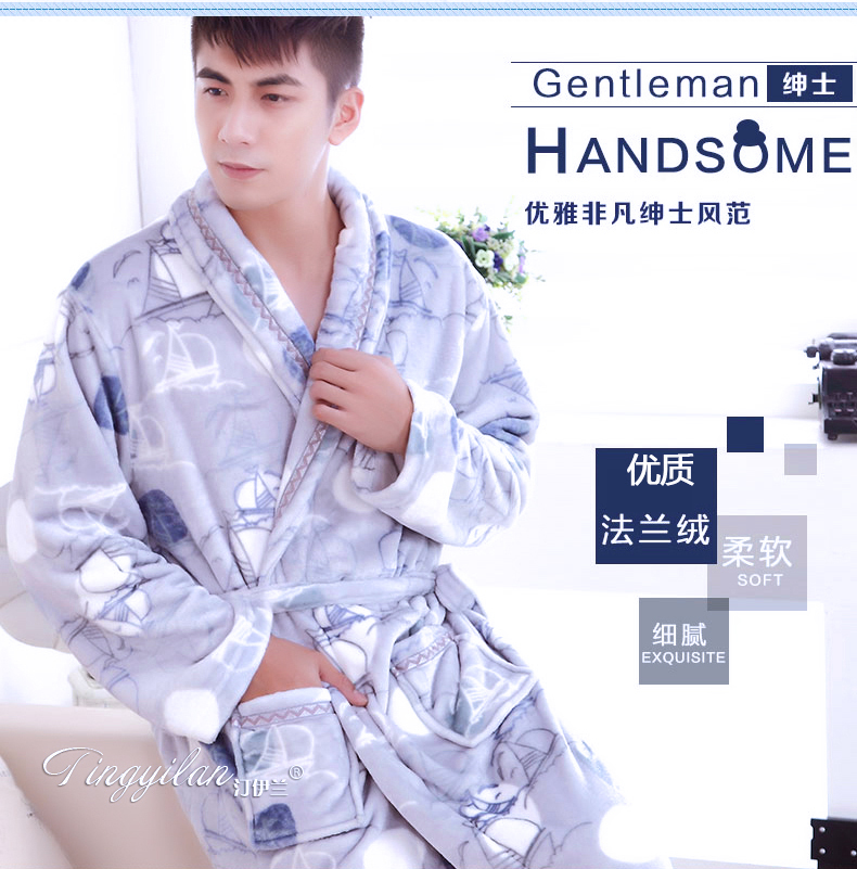 Dày nam nhung san hô áo choàng mặc đồ ngủ flannel áo choàng áo choàng tắm tracksuit Các mùa thu và mùa đông cộng với nhung XL bộ đồ ngủ 2 dây