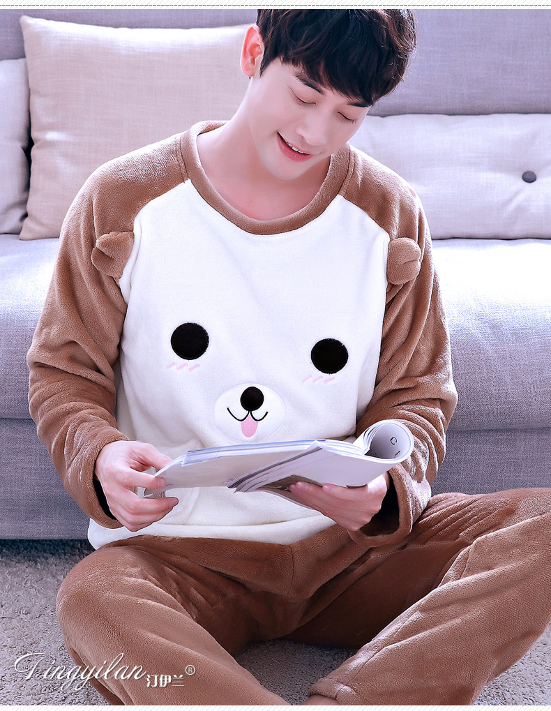 Đồ ngủ nam dày flannel mùa thu và mùa đông kích thước lớn cổ tròn tay áo dài phù hợp với san hô lông cừu nhà dịch vụ nam hoạt hình trắng pijama nam cao cấp