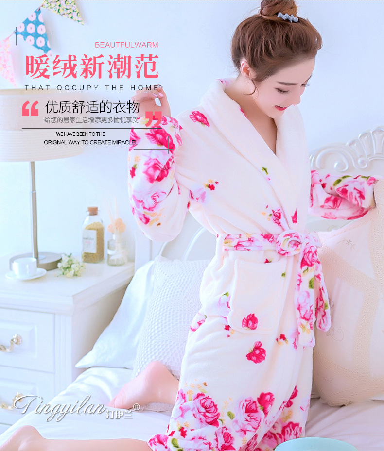 Áo choàng ngủ nữ mùa thu và mùa đông dài tay dày flannel san hô nhung áo choàng tắm nữ dịch vụ nhà ấm áp và đáng yêu áo ngủ nam