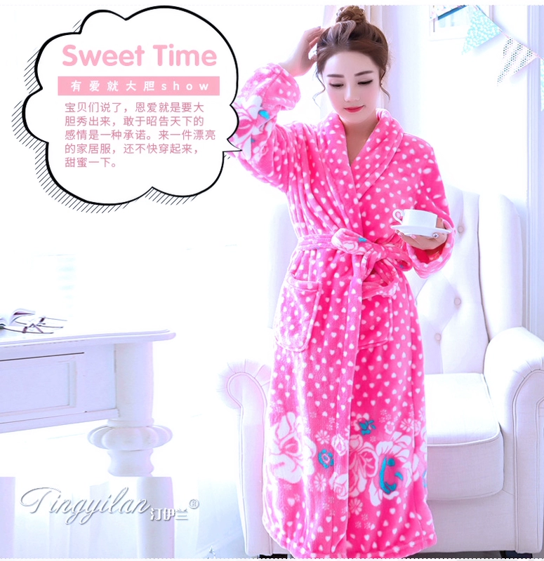 Áo ngủ nữ mùa đông dày san hô lông cừu áo choàng tắm áo choàng kimono dài tay đồ ngủ nhà dịch vụ flannel cộng với mặc nhung