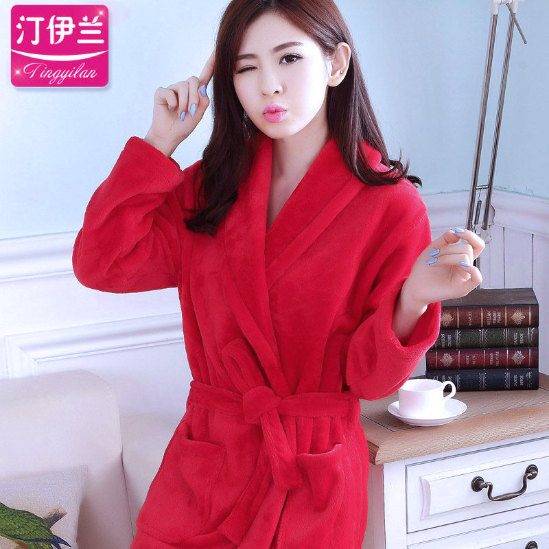 Nightgown women's autumn and winter thickened flannel long-sleeved cute bathrobe men's coral fleece pajamas home service wedding red