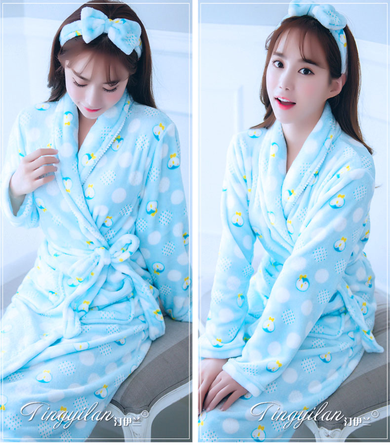 Của phụ nữ dày flannel áo choàng tắm mùa thu và mùa đông dài tay mùa thu và mùa đông san hô fleece dễ thương đồ ngủ rắn vàng