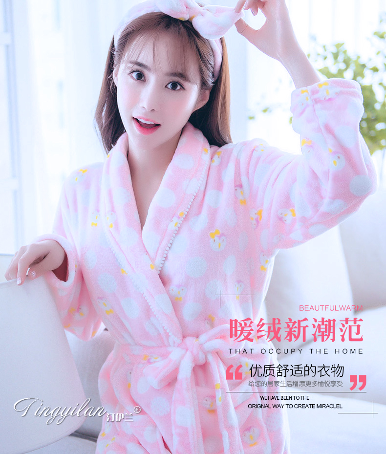 Của phụ nữ dày flannel áo choàng tắm mùa thu và mùa đông dài tay mùa thu và mùa đông san hô fleece dễ thương đồ ngủ rắn vàng