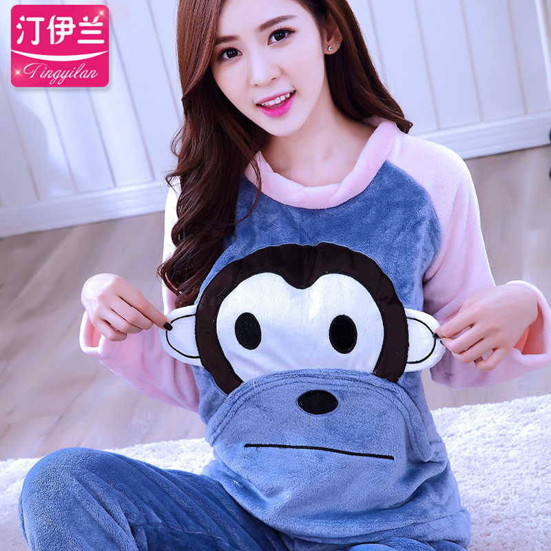 Cute cartoon pajamas woman thickened flannel home clothes heating pants autumn and winter Korean version coral velvet long sleeves