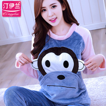 Cute cartoon pajamas women thickened flannel home clothes warm suit autumn and winter Korean version coral velvet long sleeve