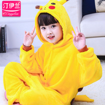 Pikachu children cartoon one-piece pajamas animal coral velvet middle-aged boys and girls autumn and winter flannel costumes