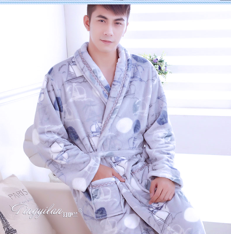 Áo ngủ nam dày flannel mùa thu và mùa đông dài tay dịch vụ tại nhà áo choàng tắm bằng vải nỉ đồ ngủ thu đông nam nữ