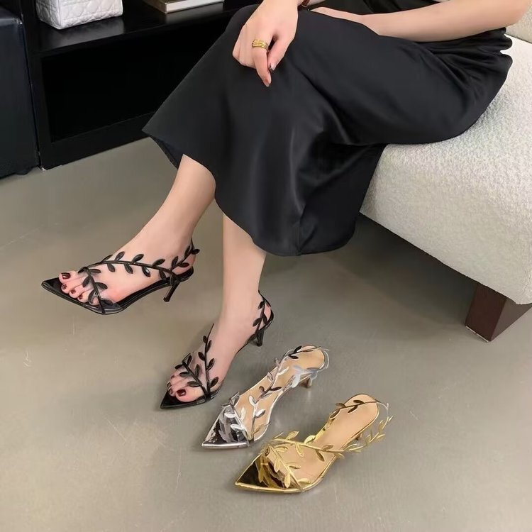 Golden Leaf High Heels, New Summer Patent Leather Pointed Toe Strappy Stiletto Sandals, Fairy Style Elegant Women's Shoes
