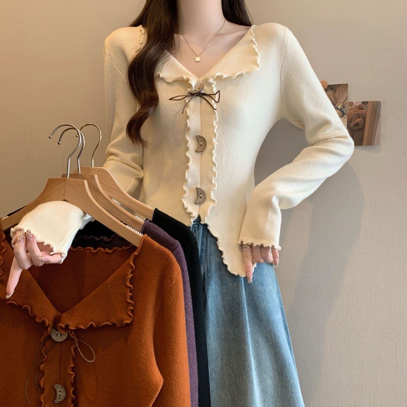 French-Style Ruffled V-Neck Long-Sleeve Bow-Knot Knit Sweater for Women, Very Stylish and Irregular in Design, Ins-Style Sweater for Autumn and Winter
