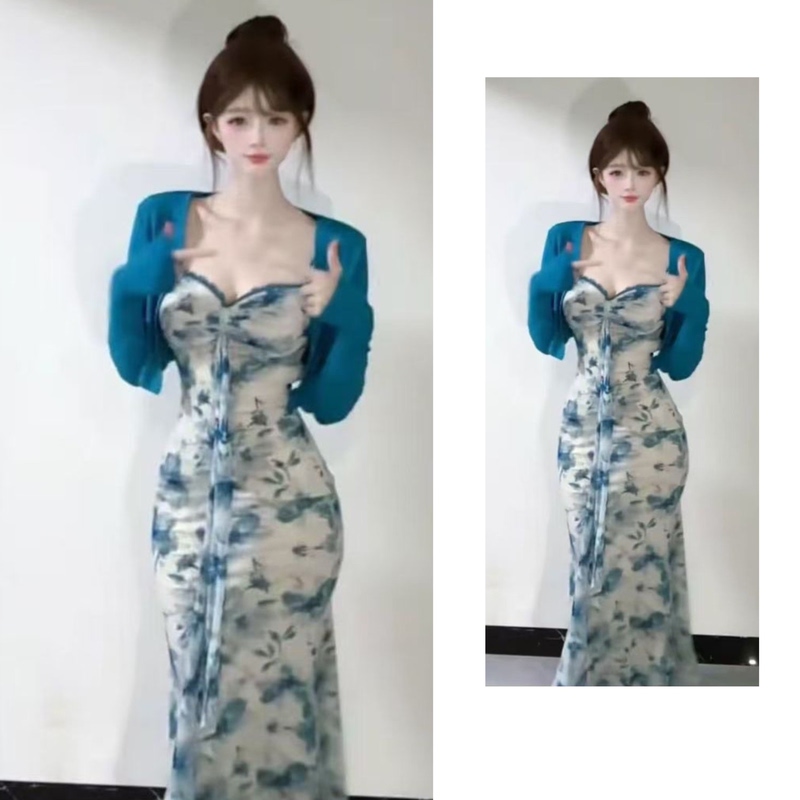 Summer Beach Blue Floral Suspender Dress Slim Fit Long Dress Sexy Vacation Dress Cardigan Two-Piece Set for Women