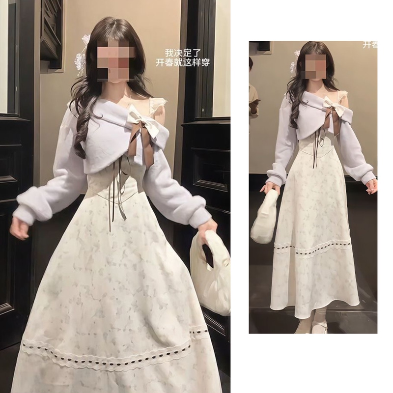 Purple Stylish Outerwear + Suspender Skirt Two-Piece Set for Women, Gentle and Elegant Outfit, Versatile Spring Vacation Long Skirt