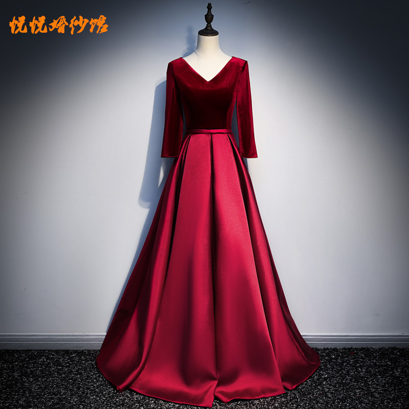 Choir Performance Dress 2025 New Long-Sleeved Velvet Satin Long Wedding Banquet Evening Dress for Women