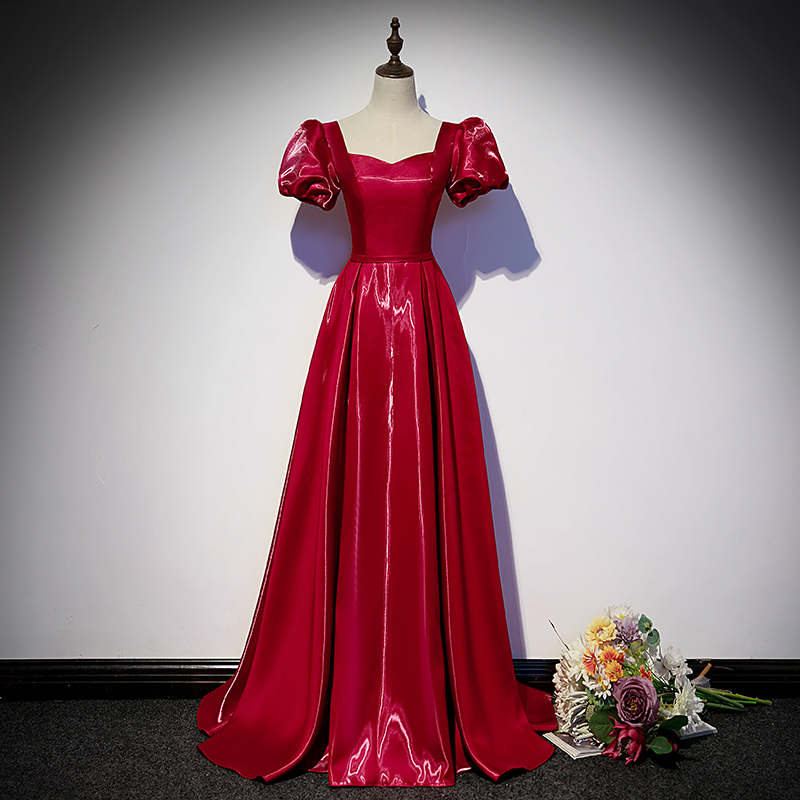 Bride's Toast Dress Red 2025 New Style Puff Sleeves Elegant Satin High-End Evening Dress Banquet Host Long Dress Bride's Toast Dress Red 2025 New Style Puff Sleeves Elegant Satin High-End Evening Dress Banquet Host Long Dress