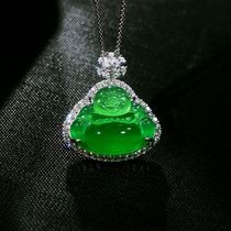 Pure silver inlaid with natural green chalcedony Maitreya Buddha pendant emerald full green glass seed sitting Buddha male necklace female agate green