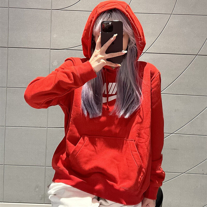 Nike Red Hooded Sweatshirt Women's Genuine Knitted Pullover Outdoor Sportswear Loose Cotton Casual Top