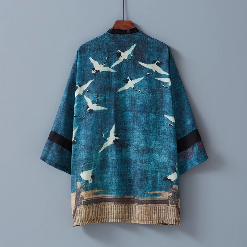 Long Feather-Printed Cardigan in Ancient Style with a Crane Design, Loose-Fitting Everyday Kimono-Style Jacket, Improved Hanfu Coat, Sun Protection Jacket Long Feather-Printed Cardigan in Ancient Style with a Crane Design, Loose-Fitting Everyday Kimono-Style Jacket, Improved Hanfu Coat, Sun Protection Jacket