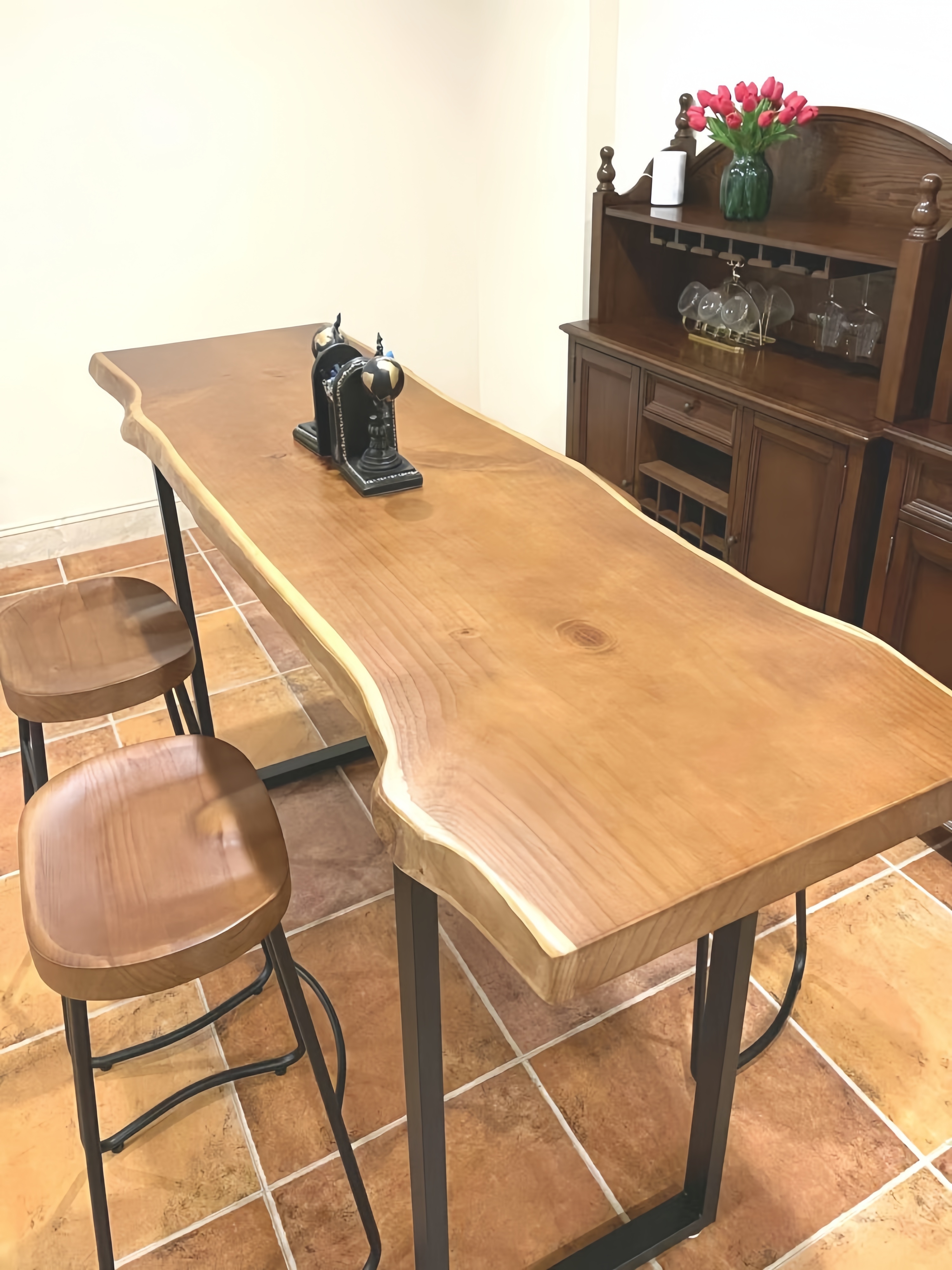 Solid Wood Bar Desk Table Home Balcony Leaning Against Wall Narrow Table Strip Table Milk Tea Shop Bar High Foot Chairs Combined Commercial-Taobao