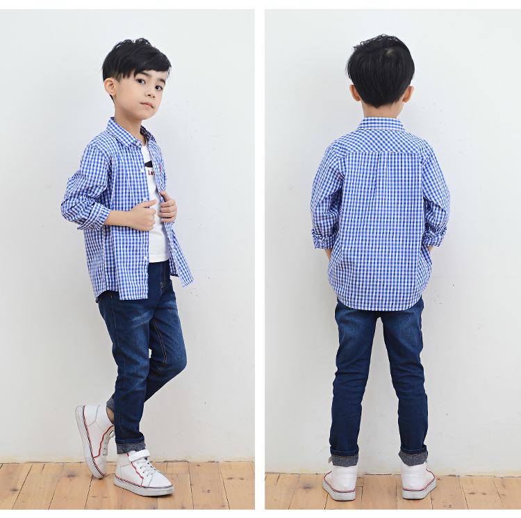 Áo sơ mi kẻ sọc cho bé trai mới cotton dài tay mùa xuân và mùa thu áo kẻ sọc lớn cho trẻ em thời trang bé gái