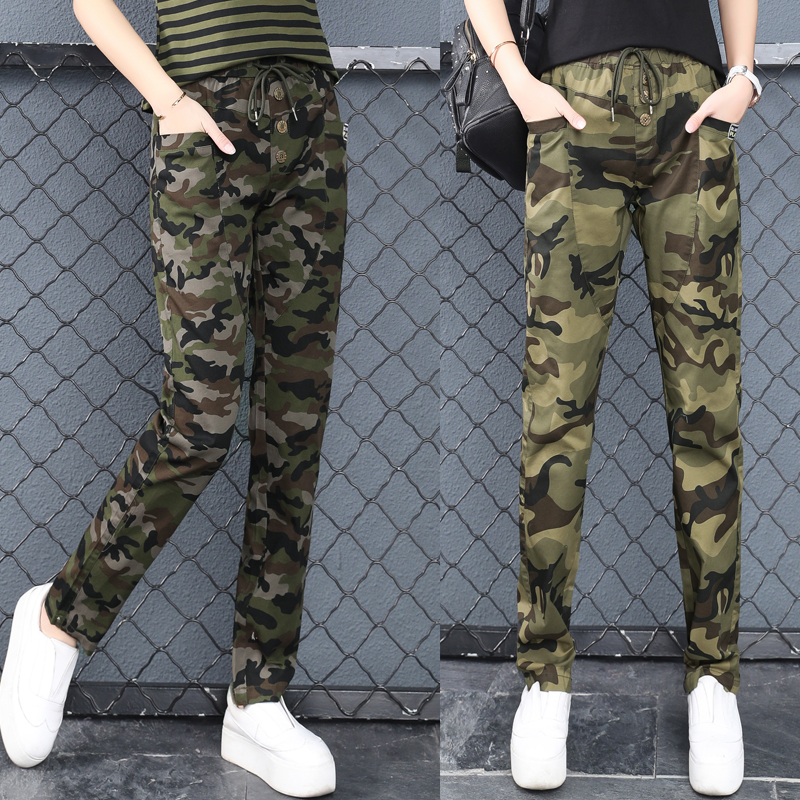 2021 new spring new camouflak pants female straight cylinder tightness waist Han version Conspiculean Outdoor Sports Casual Work Pants