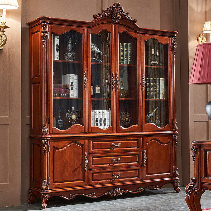 European-style bookcase bookcase four-door American dark luxury retro all solid wood desk bookcase book chair study set