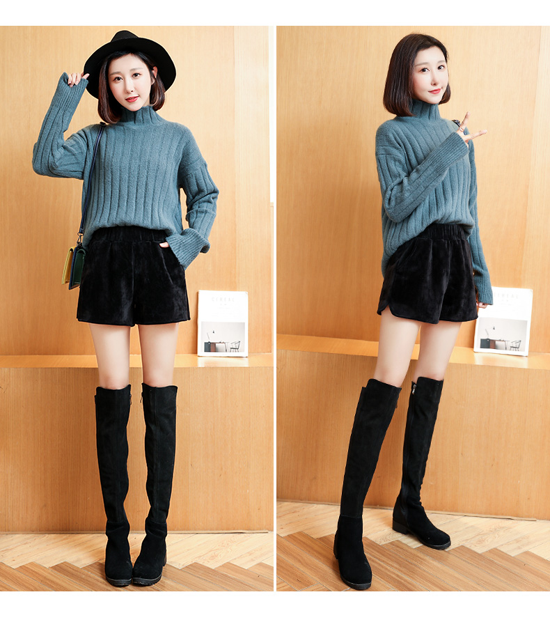 Quần short nữ mùa đông mặc ngoài mùa thu và nhung vàng 2018 mới quần size lớn là quần skinny đen rộng ống rộng cạp cao eo quan dui nu