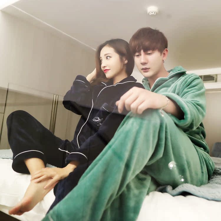 Flannel những người yêu thích đồ ngủ dày nam và nữ mùa thu và mùa đông chic net màu đỏ cộng với áo len nhung nhà dịch vụ phù hợp giải phóng mặt bằng đặc biệt bộ mặc nhà nam trung niên