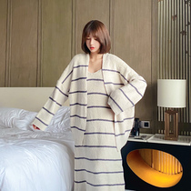 Sexy striped coral velvet pajamas women autumn and winter pregnant women moon clothes nightgown women winter plus velvet thick warm home clothes