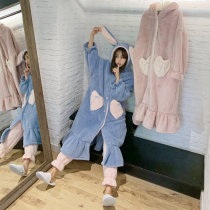  Sweet coral velvet rabbit pajamas womens autumn and winter plus velvet thickening loose large size nightgown cute home service suit student
