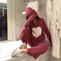  Fluffy pajamas womens autumn and winter ins wind thickened soft hooded cute peach heart net red coral velvet home clothes