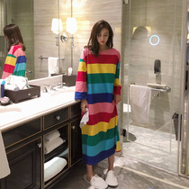  Rainbow striped night dress womens summer 2021 new net red explosion pure cotton long skirt over the knee pregnant womens pajamas spring and autumn Korean version