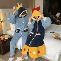 Cute couple pajamas winter robe womens autumn and winter long coral velvet net red home clothing set ins trendo man